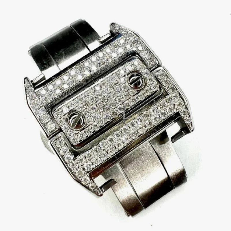 New Aftermarket 18mm Steel 1.20TCW Diamond Double Fold Deployment Buckle for Medium Cartier Santos 100