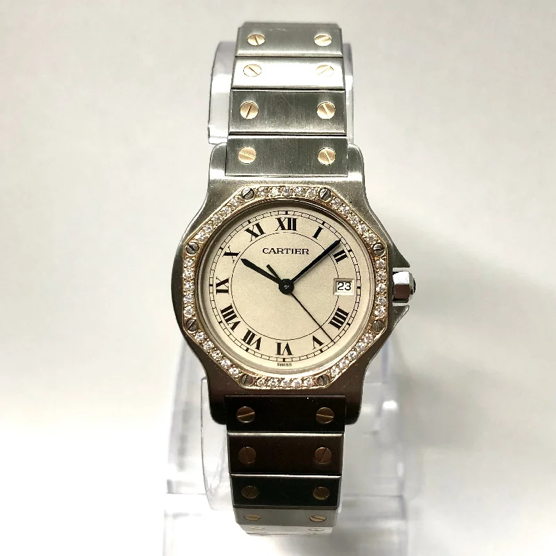 CARTIER SANTOS OCTAGON 31mm Quartz 2 Tone 0.38TCW Diamond Watch 