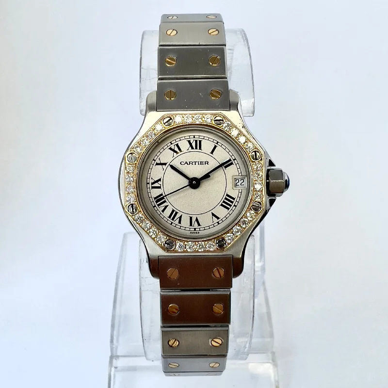 CARTIER SANTOS OCTAGON 25mm Quartz 2 Tone 0.40TCW Diamond Watch  NEW Model