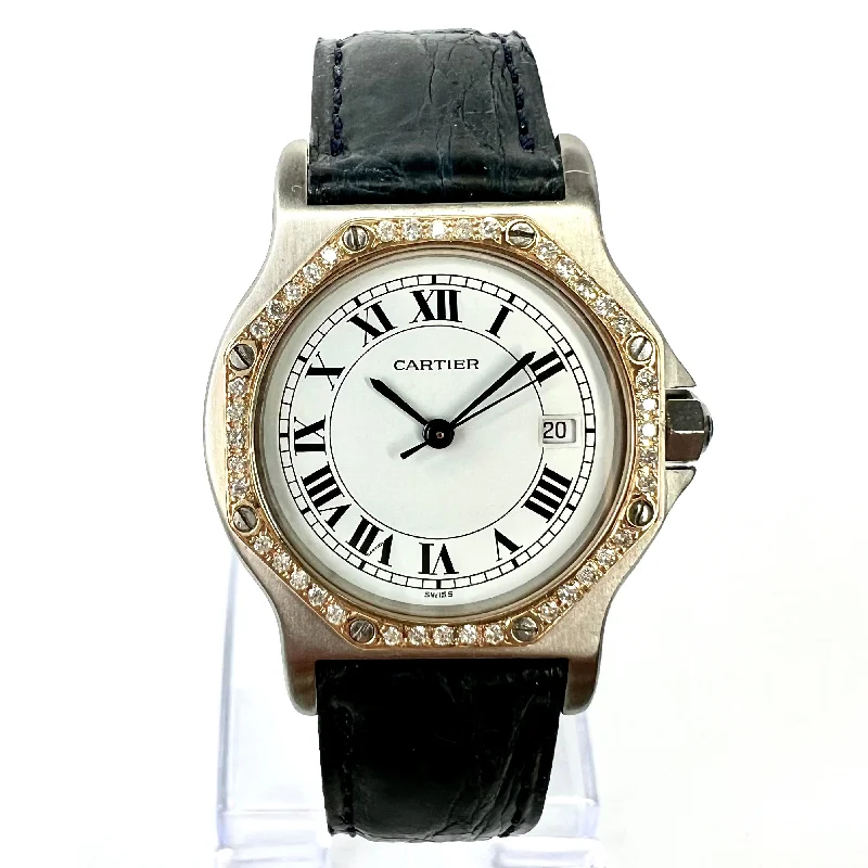 CARTIER SANTOS OCTAGON 31mm Quartz 2 Tone 0.38TCW Diamond Watch 